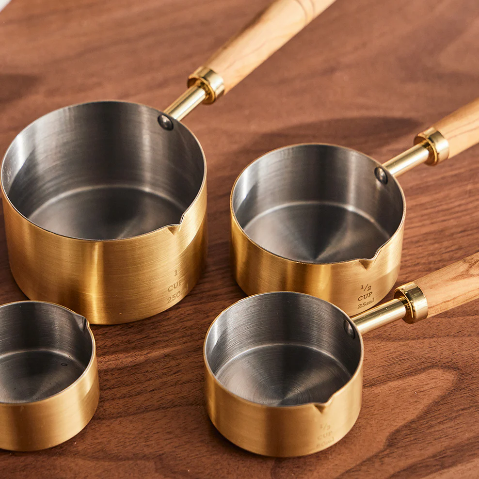 Brass Measuring Cups with Olive Wood Handles - Set of 4 - Image 3
