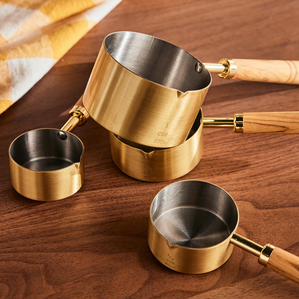 Brass Measuring Cups with Olive Wood Handles - Set of 4 - Image 4